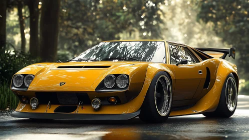 Widebody yellow classic supercar rendered with high-gloss photorealistic shaders