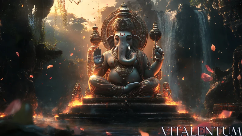 Majestic Ganesha statue glowing before jungle waterfalls.