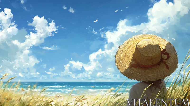 Figure with straw hat observing coastal seascape horizon.