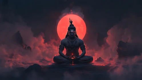 Meditating deity glows in front of a burning red moon