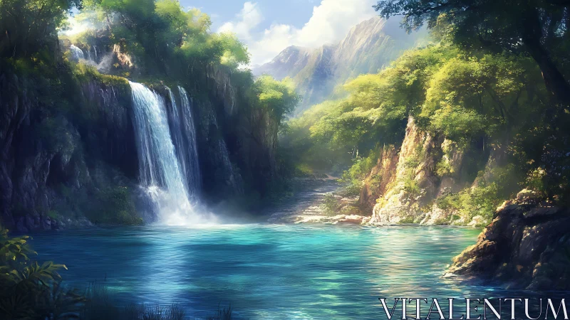 Sunlit cascade and turquoise pool rendered in high-detail digital painting
