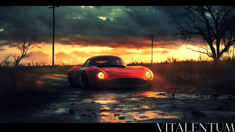 Red sports coupe is parked on a wet rural dirt road at dusk