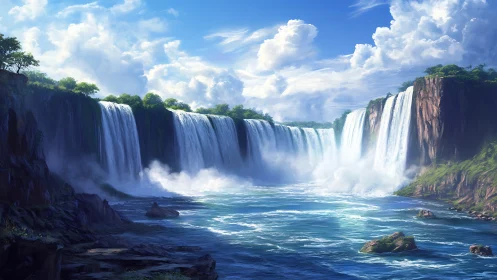 Wide multi-tiered waterfalls in rocky forested canyon.