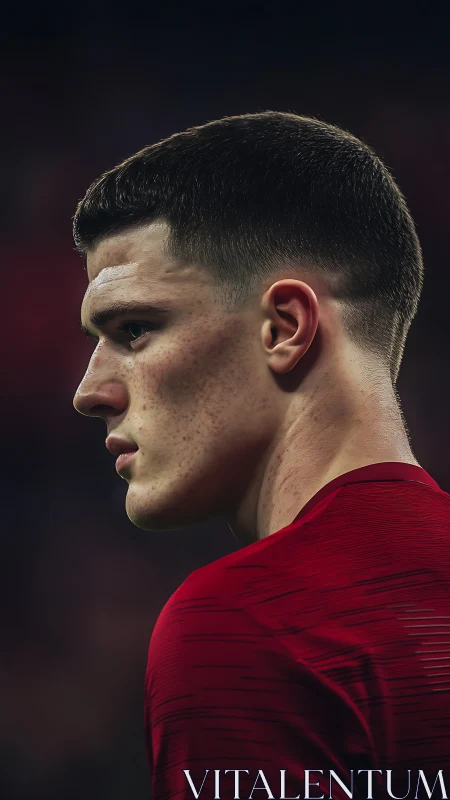 Side profile of young athlete in red jersey during event