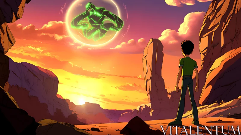Sunset canyon boy greeting a neon cosmic guardian orb.