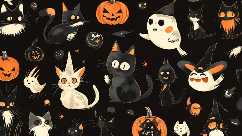 Halloween Illustration: Cats, Pumpkins, Ghosts, and Witches Pattern.