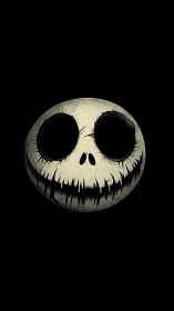 Grim cartoon skull face on black minimalist background.