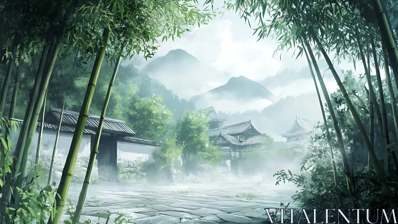 Mist-layered bamboo courtyard frames distant temple roofs