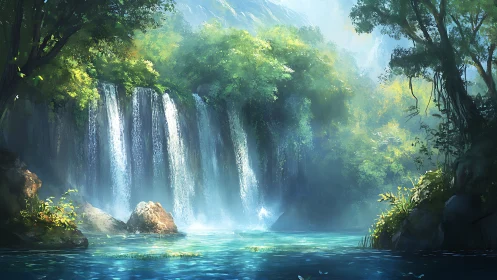 Cascading Dreams: Where Luminous Waters Dance Through Verdant Sanctuary