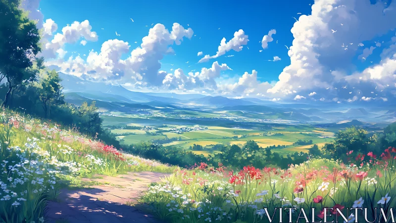 Sunlit wildflower hillside overlooks distant summer valley