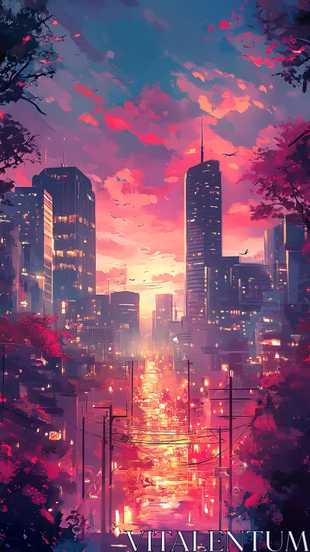 Neon dusk boulevard blazing through a dreamy painted skyline.