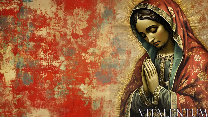 Gentle figure in prayer against glowing floral textures.