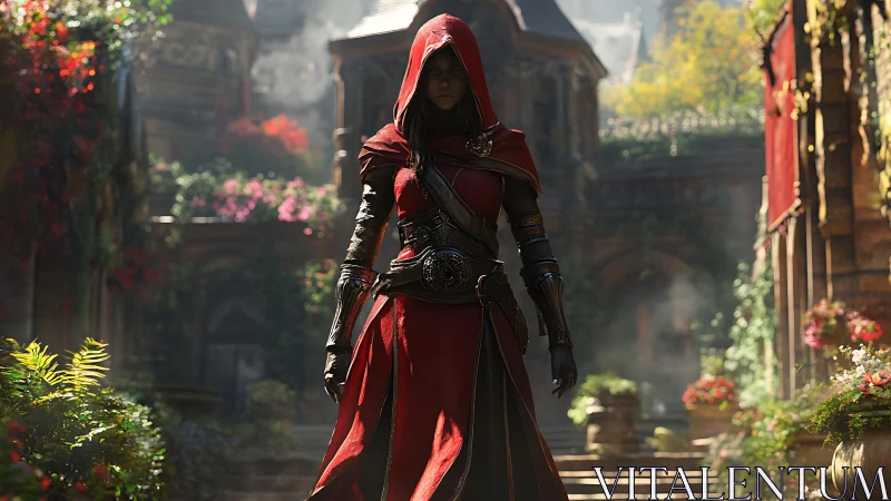 Hooded rogue strides through sunlit overgrown courtyard.