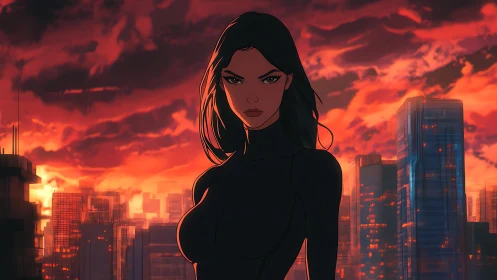 Storm-lit heroine stands strong above a burning cyber city