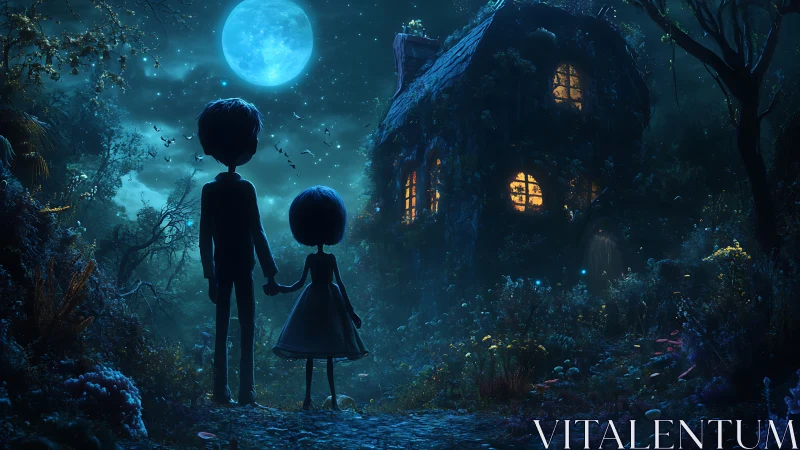 Moonlit friends pause by a glowing forest cottage at night