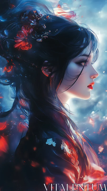 Dreamy profile of a flower-crowned maiden in glowing light.