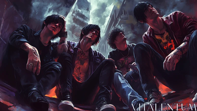 Four tattooed youths sit in burning urban alleyway scene.