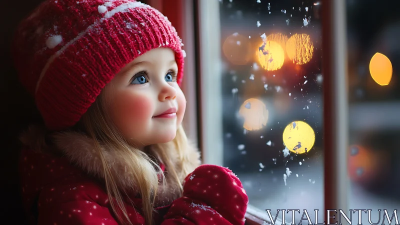 Child in red winter coat gazes at snowy window lights