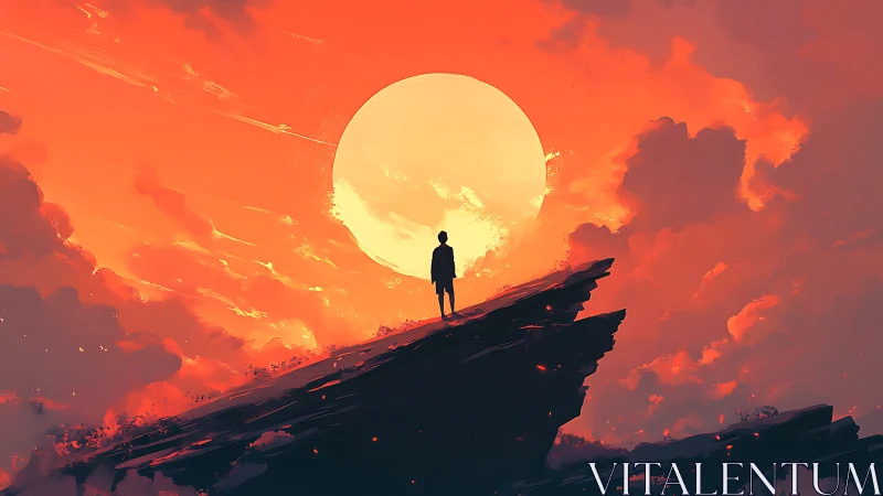 Sunset wanderer pausing on a glowing cliff edge at dusk.