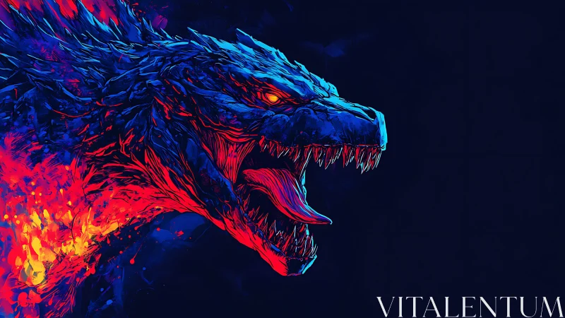 Neon kaiju profile erupts in high-contrast chromatic flame