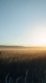 Minimalist grassland horizon at sunrise in photorealistic style.