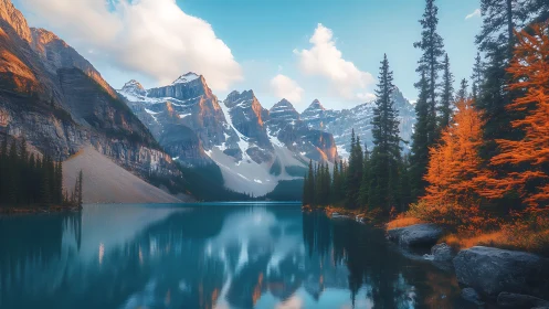 Mountain lake reflects snowy peaks and autumn conifer forest