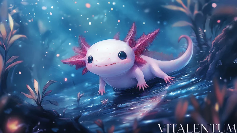 Playful axolotl glows in a dreamy underwater fantasy world