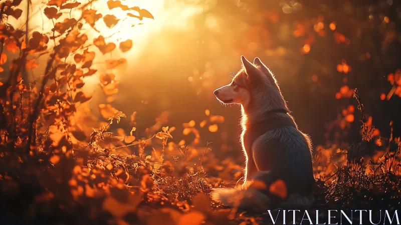 Backlit dog portrait in golden hour autumn woodland glow
