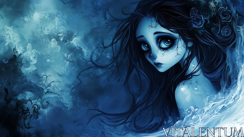 Melancholic blue sea nymph rendered in ethereal digital tones.