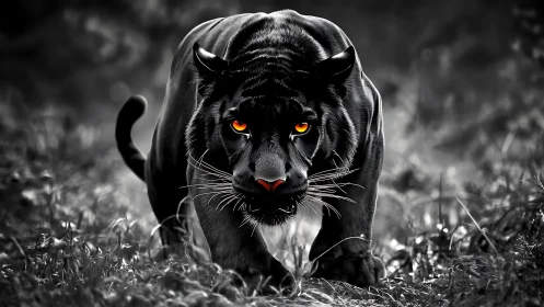 Black panther stalking forward with glowing orange eyes.