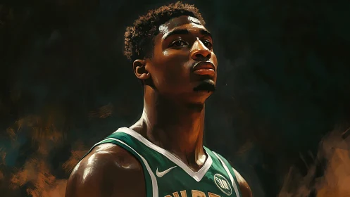 Luminous court sentinel in green jersey, carved from dusk.