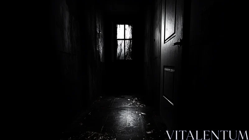 Narrow dark corridor leads to a single bleak window glow