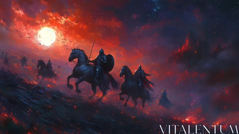 Crimson night cavalry charging toward a burning obsidian citadel.
