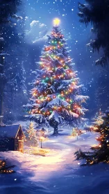 Snow-covered outdoor tree with multicolor festive lighting.