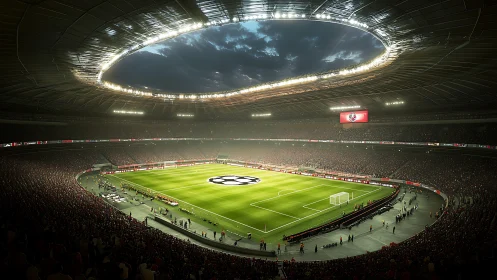 Glowing soccer stadium under dramatic evening sky.