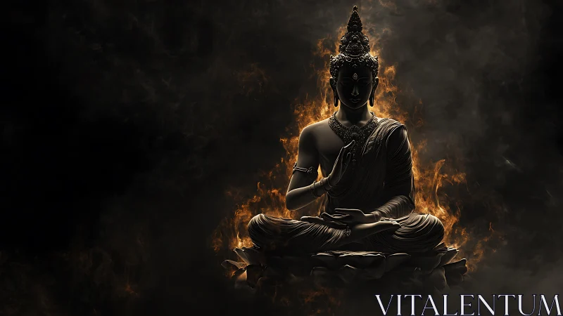 Serene Buddha statue glows gently within swirling golden fire