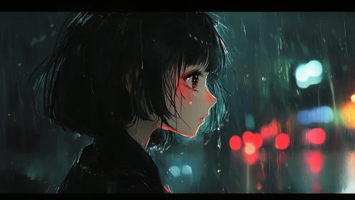 Rain-drenched city cradles a neon-lit moment of quiet resolve