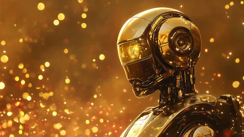 Luminous golden android portrait amid glowing bokeh field.