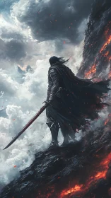 Armored dark warrior on volcanic ridge against storm clouds