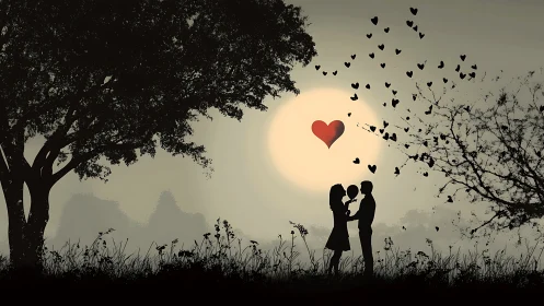 Silhouette couple beneath glowing heart in misty landscape.