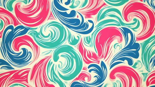 Retro abstract swirls in triadic palette pattern design.