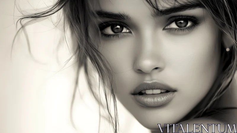 Monochrome portrait reveals intense gaze and soft detail.