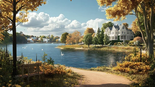 Lakeside residential area is rendered under clear autumn sky