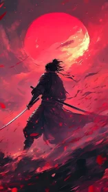 Lone samurai beneath a blazing red moon, poised in silence.