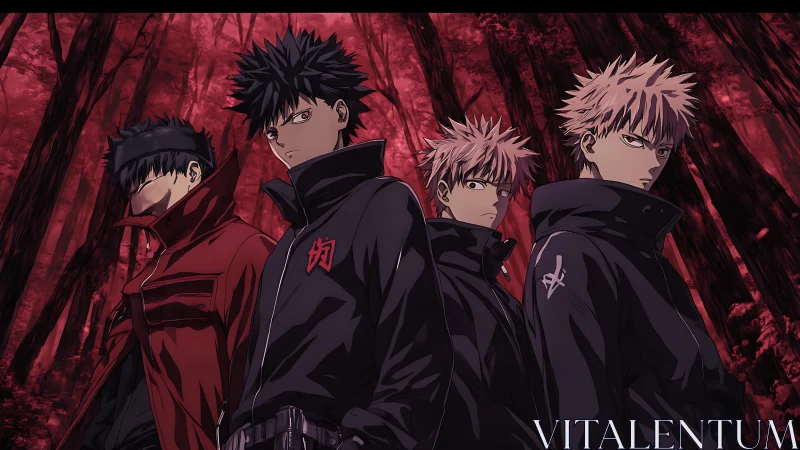 Four stoic fighters stand in red forest under tense sky