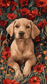 Digitally stylized labrador puppy centered within dense red poppy field