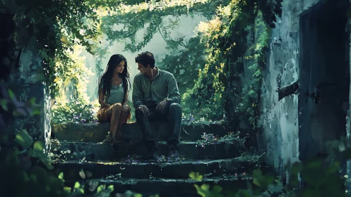 Two figures meet in verdant stone corridor with dappled light.