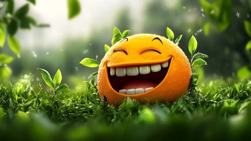 Laughing orange character glows in lush morning garden.