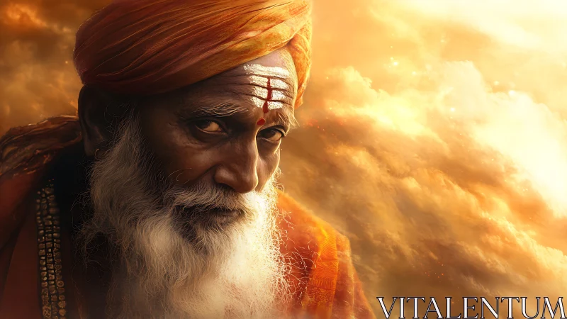 Sunlit Sage in Saffron Clouds Watching Quietly.