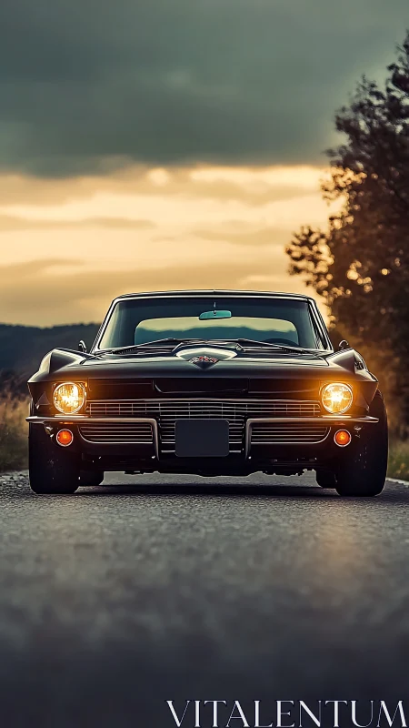 Low-angle frontal view of classic black muscle car at dusk